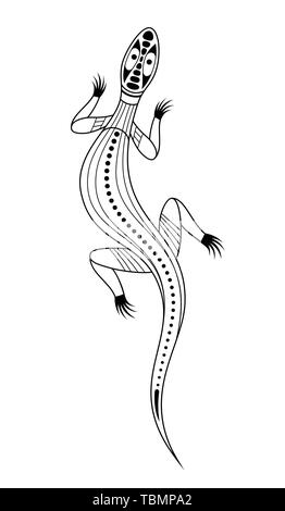 Lizard. Arte aborigena stile. Tatoo. In bianco e nero del logo. Vettore illustrazione monocromatica isolati su sfondo bianco. Illustrazione Vettoriale