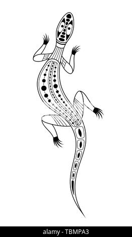 Lizard. Arte aborigena stile. Tatoo. In bianco e nero del logo. Vettore illustrazione monocromatica isolati su sfondo bianco. Illustrazione Vettoriale