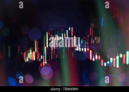 I dati su un monitor che compresi di analisi di mercato. I grafici a barre, gli schemi, i dati finanziari. Forex grafico. Foto Stock