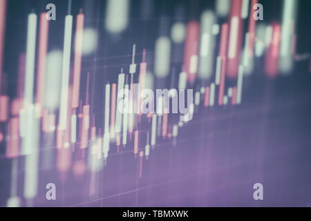I dati su un monitor che compresi di analisi di mercato. I grafici a barre, gli schemi, i dati finanziari. Forex grafico. Foto Stock