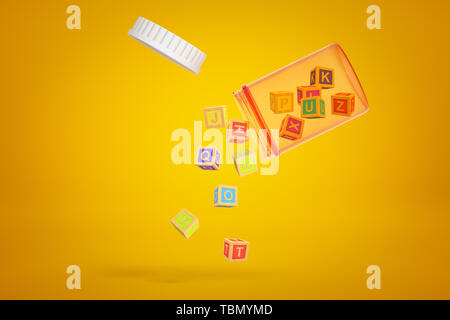 Trasparente pillola arancione jar inclinato in aria con il coperchio e piccoli blocchi di ABC cadere su sfondo di colore ambra. Foto Stock