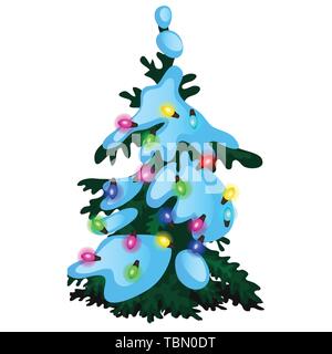 Il verde albero di Natale con incandescente garland, baubles di vetro isolato su sfondo bianco. Campione di poster, partito invito vacanza festosa card Illustrazione Vettoriale