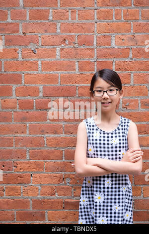 Ritratto di giovane ragazza asiatica rosso contro un muro di mattoni Foto Stock