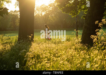Una ragazza con capelli lunghi marrone passeggiate attraverso un parco in serata sole Foto Stock