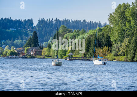 Una vista del litorale al gene Coulon Park con barca ancorata di fronte. Foto Stock