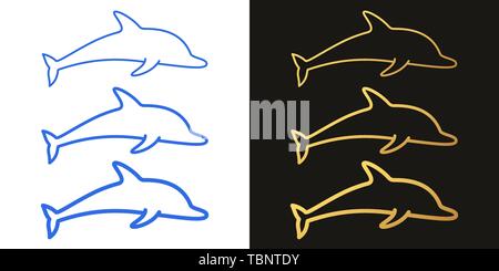 Icona dei delfini con corsa di diverso spessore, il Delfinario. Set di delfini isolato in stile contorno, blu e colori dorati. L'elemento grafico, firmare un Illustrazione Vettoriale