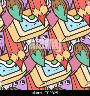 Vettore di Seamless pattern con Cartoon carino mostri e bestie Illustrazione Vettoriale
