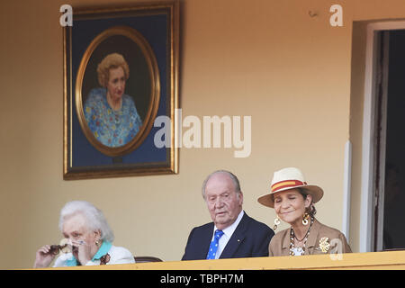 Aranjuez, Madrid, Spagna. 2 Giugno, 2019. Il re Juan Carlos di Spagna, Principessa Elena de Borbon, Felipe Juan Froilan de Marichalar, Fernando Gomez-Acebo Borbon, Simoneta Gomez-Acebo Borbon, Princes Pilar di Borbon assiste la corrida omaggio a Maria de las Mercedes de Borbon a Plaza de Toros de Aranjuez il 2 giugno 2019 in Aranjuez, Spagna .Questo evento è l'ultimo evento come Re Juan Carlos di Spagna Spagna rappresenterà il Royals spagnolo prima di questo credito di pensionamento: Jack Abuin/ZUMA filo/Alamy Live News Foto Stock