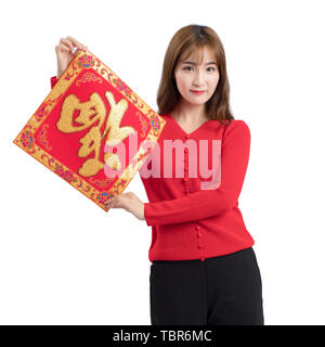 Bella donna di immagine del maglione rosso per il festival di festa Foto Stock