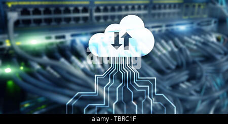 Banner di tecnologia. Cloud Networking di storage dei dati concetto Internet sul server sfocato camera. Foto Stock