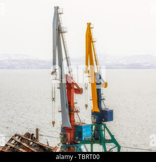 Gru portuali sul porto commerciale Petropavlovsk-Kamchatsky città sulle rive della Baia Avacha in Oceano Pacifico. Foto Stock