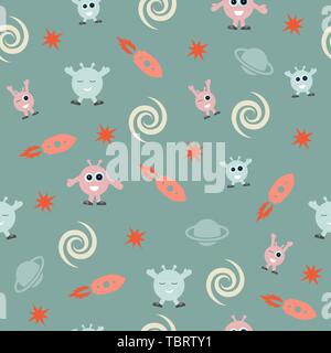 Seamless pattern di spazio per i bambini con rucola pianeta e crazy cartoon alien monster su sfondo verde per la stampa e di materie tessili Illustrazione Vettoriale