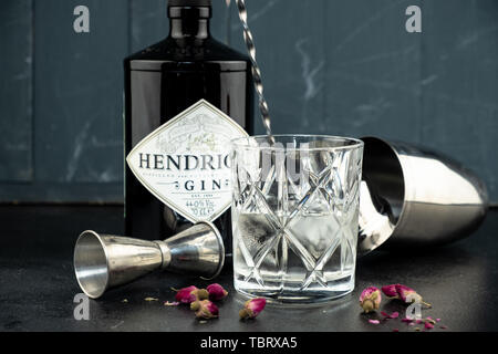 70 cl bottiglia Hendricks gin distillato con vetro e ghiaccio sul rustico scuro dello sfondo. I laici accanto allo Shaker e malenikie le rose rosa. Foto Stock