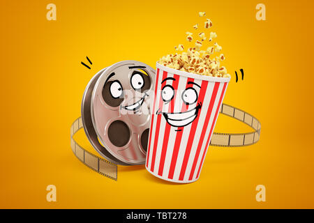 3D rendering di cartoon smiley benna popcorn e bobina di pellicola su sfondo giallo Foto Stock