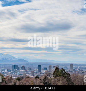 Square vista panoramica di una vivace città incorniciata da lussureggianti alberi in primo piano Foto Stock