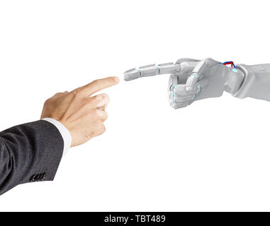 Mano umana tocca mano robotica. Il rendering 3d. Foto Stock