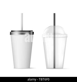 Trasparente in plastica tazza monouso con il nero di paglia per cocktail e contenitore monouso con coperchio nero per bevanda ghiacciata. Illustrazione Vettoriale o isolato Illustrazione Vettoriale