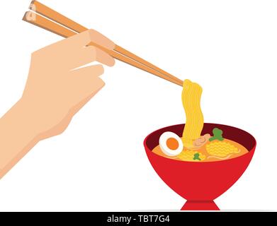 Tenere in mano le bacchette con Deliziosi noodle in rosso recipiente.illustrazione vettoriale.gustosi piatti a base di noodle soup wit.Asia pasto tradizionale.Ramen con coppa Illustrazione Vettoriale