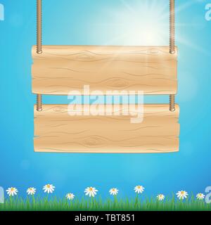 Cartello in legno bordo con fiore a margherita ed erba su blue sunny estate sfondo illustrazione vettoriale EPS10 Illustrazione Vettoriale