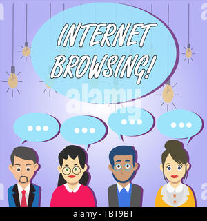 Writing note showing Internet Browsing. Business concept for Act of looking through a set of information quickly Group of Business People with Speech  Foto Stock