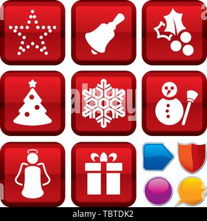 Illustrazione Vettoriale. Set di Natale icone sui pulsanti quadrati. Stile geometrico. Illustrazione Vettoriale