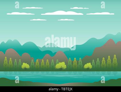 Paesaggio delle colline in stile appartamento di design. Valle con il lago di sfondo. Splendidi prati, prati, le montagne e il cielo blu. Posizione rurale nella collina, Illustrazione Vettoriale
