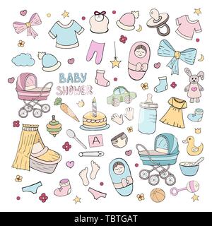 Corredo di elementi per celebrare la nascita del bambino, ragazzo e una ragazza su sfondo bianco. Baby shower party. Illustrazione Vettoriale