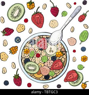 Sana colazione fatta da muesli con frutti e bacche su una piastra bianca. Farina di avena con frutta, disegnato a mano set di vettore. Illustrazione Vettoriale