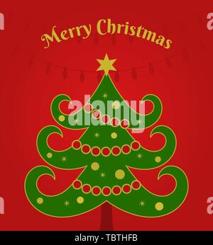 Albero di natale su sfondo rosso. Natale biglietto di auguri Illustrazione Vettoriale