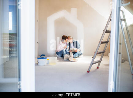 Coppia senior pittura pareti nella nuova casa, baciare. Concetto di delocalizzazione. Foto Stock