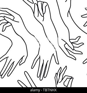 Donna linea a mano in bianco e nero senza saldatura pattern. Vettore sfondo infinito di mani femminili di vari gesti - vittoria, okay. Lineart in uno stile minimalista per la stampa su tessuto, imballaggio Illustrazione Vettoriale