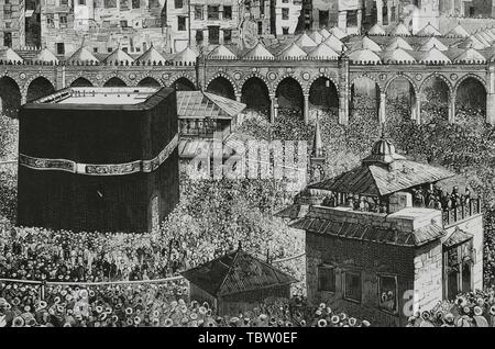 Arabia Saudí. La Meca. Vista del patio central de la Mezquita Masjid al-Haram, donde se encuentra la Kaaba, que alberga la "piedra negra". Grabado de la Ilustración Española y Americana, 15 de abril de 1882. Detalle. Foto Stock