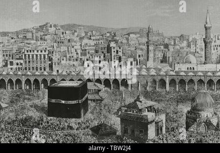Arabia Saudí. La Meca. Vista generale de la ciudad. En el centro de la Mezquita Masjid al-Haram, la Kaaba, que alberga la "piedra negra". Grabado de la Ilustración Española y Americana, 15 de abril de 1882. Detalle. Foto Stock