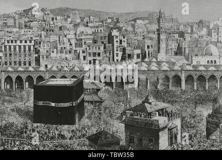 Arabia Saudí. La Meca. Vista generale de la ciudad. En el centro de la Mezquita Masjid al-Haram, la Kaaba, que alberga la "piedra negra". Grabado de la Ilustración Española y Americana, 15 de abril de 1882. Detalle. Foto Stock