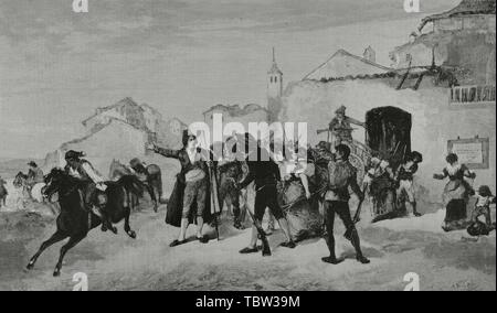 España. Los alcaldes de Móstoles, Andrés de Torrejón (1736-1812) y Simón Hernández (1743-1818) declaran la patria en peligro (mayo de 1808). 'Bando de los Alcaldes de Móstoles' duranti la invasión napoleónica de la Península Ibérica, a la que siguió n.a. insurrección contra el invasor francés. Grabado por Capuz a partir de onu Cuadro de A. Perez Rubio. La Ilustración Española y americana, 8 de mayo de 1882. Foto Stock