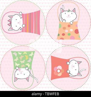 Carino disegnato a mano i gatti in borsette in rosa trasparente cerchi. Seamless mulitcolor vector pattern sul cuore modellato sullo sfondo. Ottimo per i bambini Illustrazione Vettoriale