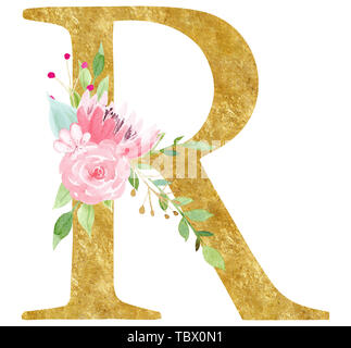 Iniziali di R lettera con fiore illustrazione raster. Alfabeto latino firmare con fiore rosa la pittura ad acquerello. Elegante lettering di cartone con golden t Foto Stock