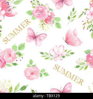 Estate flora e fauna raster pattern senza giunture Foto Stock