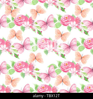 Farfalle e molla blossom pattern senza giunture Foto Stock
