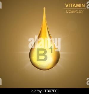 La vitamina B1 shining gold drop icona .Tiamina vitamina contesto complesso Illustrazione Vettoriale
