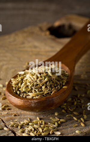 Essiccato semi di finocchio in cucchiaio di legno marrone sul pannello di legno con uno sfondo con messa a fuoco selettiva Foto Stock