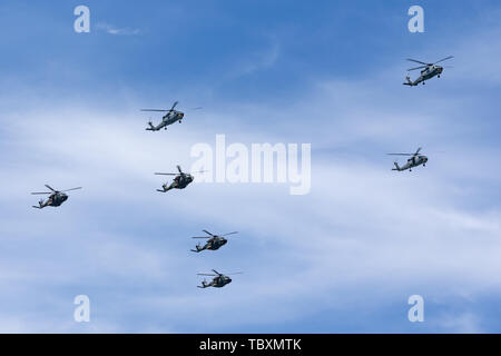 Tre Royal Australian Navy Sikorsky S-70B-2 Anti guerra sottomarina di elicotteri e quattro Esercito Australiano MRH-90 Taipan elicotteri volare sulla formazione Foto Stock