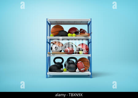 3D rendering delle palle sportive, caschi e kettlebells sulla rastrelliera metallica ripiani su sfondo blu Foto Stock