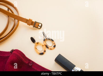 Orecchini con leopard stampa su beige e marrone colore sfondo con copyspace. Gioielli alla moda. Foto Stock