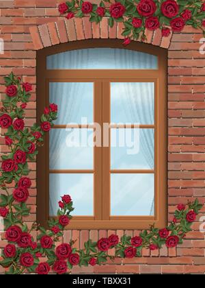 Rosa rampicante finestra ad arco nel muro di mattoni Illustrazione Vettoriale