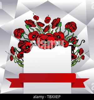 Il modello di pagina per il web e la stampa del bianco grigio Sfondo affettato in rosso e nero i colori. Vettore di creative design, elegante con fiori di papavero concept Illustrazione Vettoriale