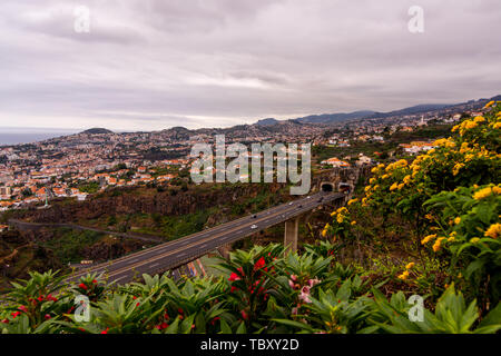 Panorama sulla costa di Madeira, girato dal giardino botanico, Funchal, Portogallo Foto Stock