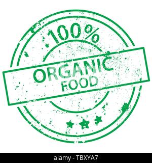 Verde rotondo timbro con le parole 100% cibo organico su sfondo bianco Illustrazione Vettoriale