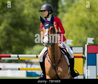 Langley, British Columbia, CAN. 2 Giugno, 2019. Vigilia di posti di lavoro (USA) rides sede d'onorari DES HAZALLES nel LONGINES FEI Jumping Nations Cup"¢ del Canada a Thunderbird mostra Park il 2 giugno 2019 a Langley BC Canada. Credito: Cara Grimshaw/ZUMA filo/Alamy Live News Foto Stock