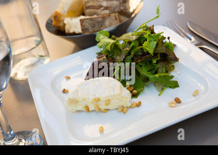 Francese dessert, formaggio Saint Marcellin con pinoli e rucola fresca Foto Stock